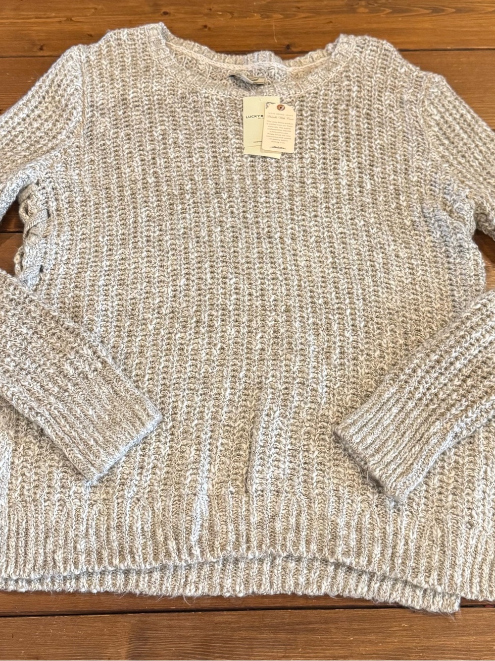 NWT Lucky Brand Beige-Cream Textured Crewneck Sweater, lace-up side